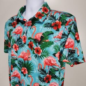 Yatta Golf Polo Shirt Men's Small Blue Green Flamingo Print Performance Tropical
